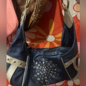 Elegant Navy and Gold Studded Shoulder Bag